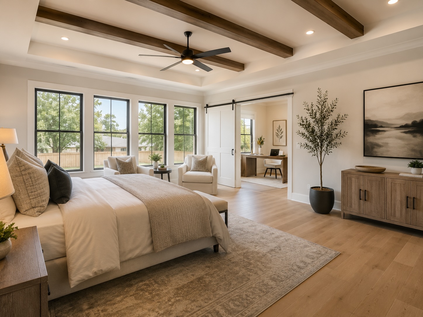 Greater Houston primary-suite addition with coffered ceiling, exposed wood beams, large picture windows, barn-door en-suite entry, and oak hardwood floors