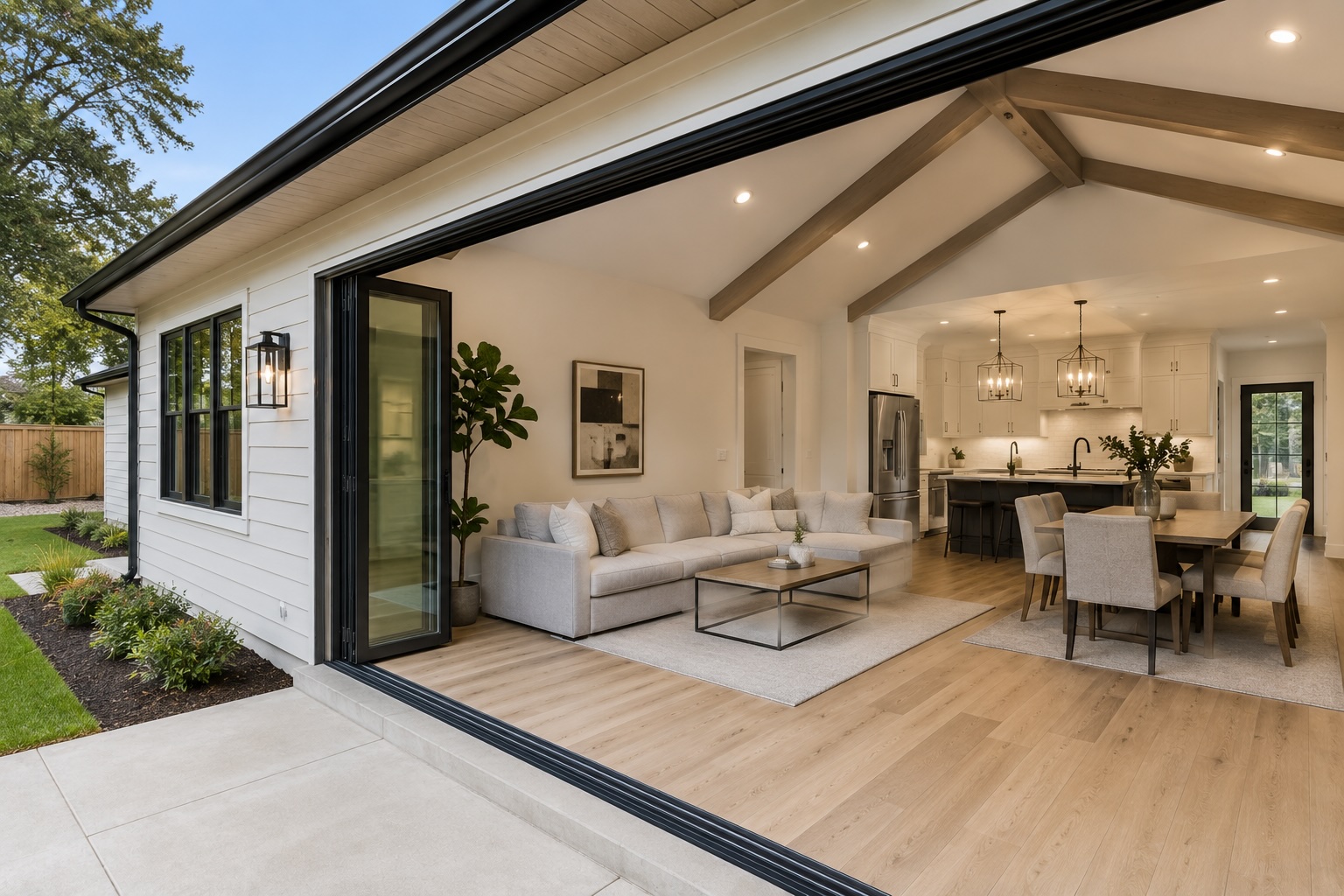 Open-concept home addition with vaulted ceiling, exposed beams, sliding glass doors, and integrated kitchen-living space &mdash; example of a home-addition scope in Greater Houston