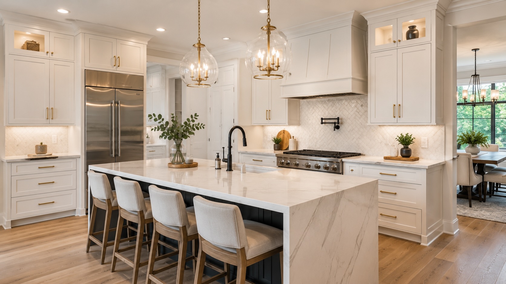 Luxury kitchen with white shaker cabinets, marble waterfall island, gold pendant lighting, and herringbone backsplash &mdash; example of a kitchen-remodel scope in Greater Houston