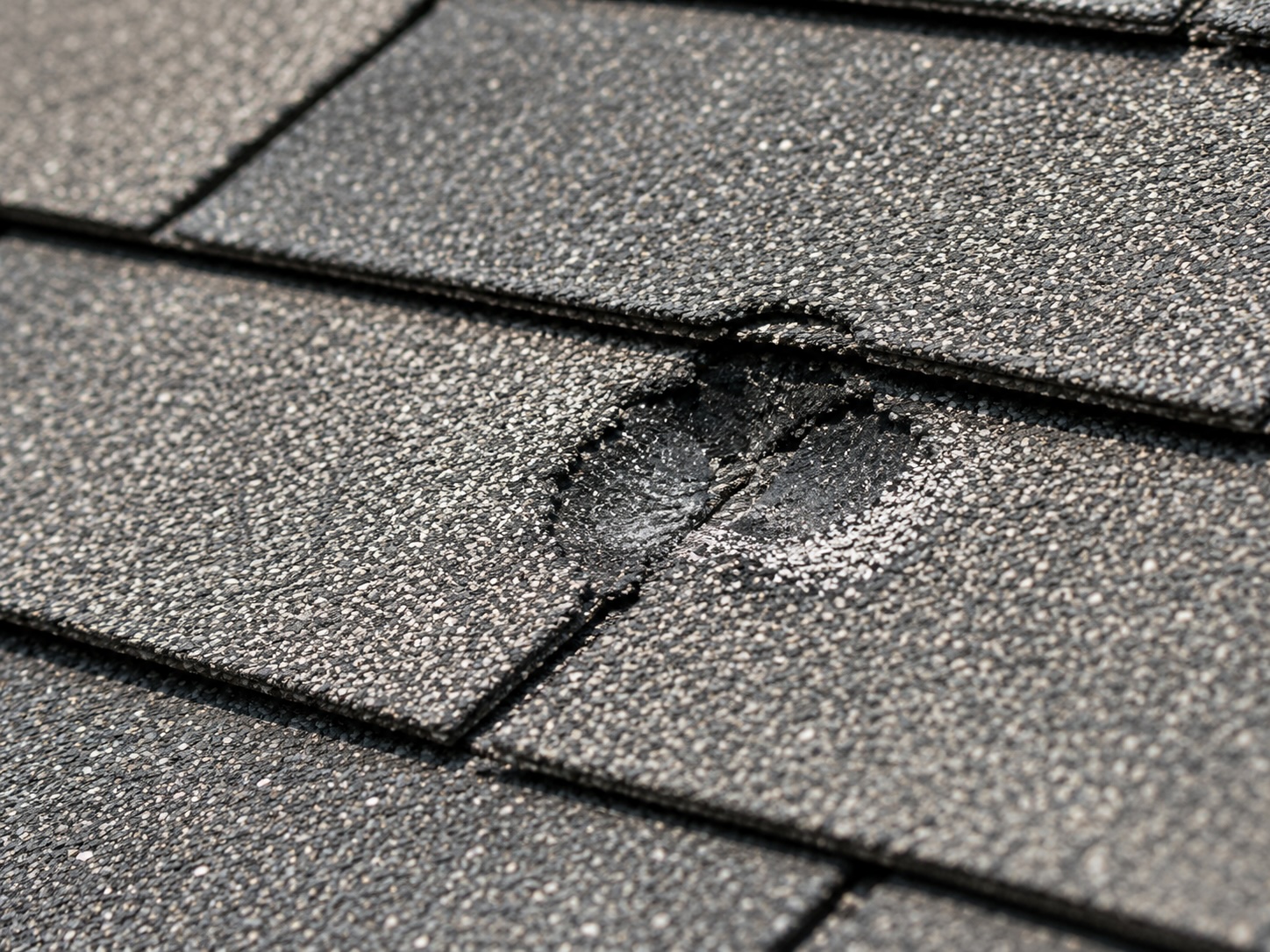 Close-up of hail-damaged asphalt shingles on a Texas roof showing a round bruise where granules have been knocked off, exposing the underlying mat
